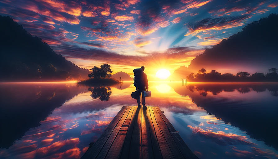 Illustration d'un homme sur le bout d'un quai et qui regarde le coucher du soleil. Représentation d'une objectif dans la vie