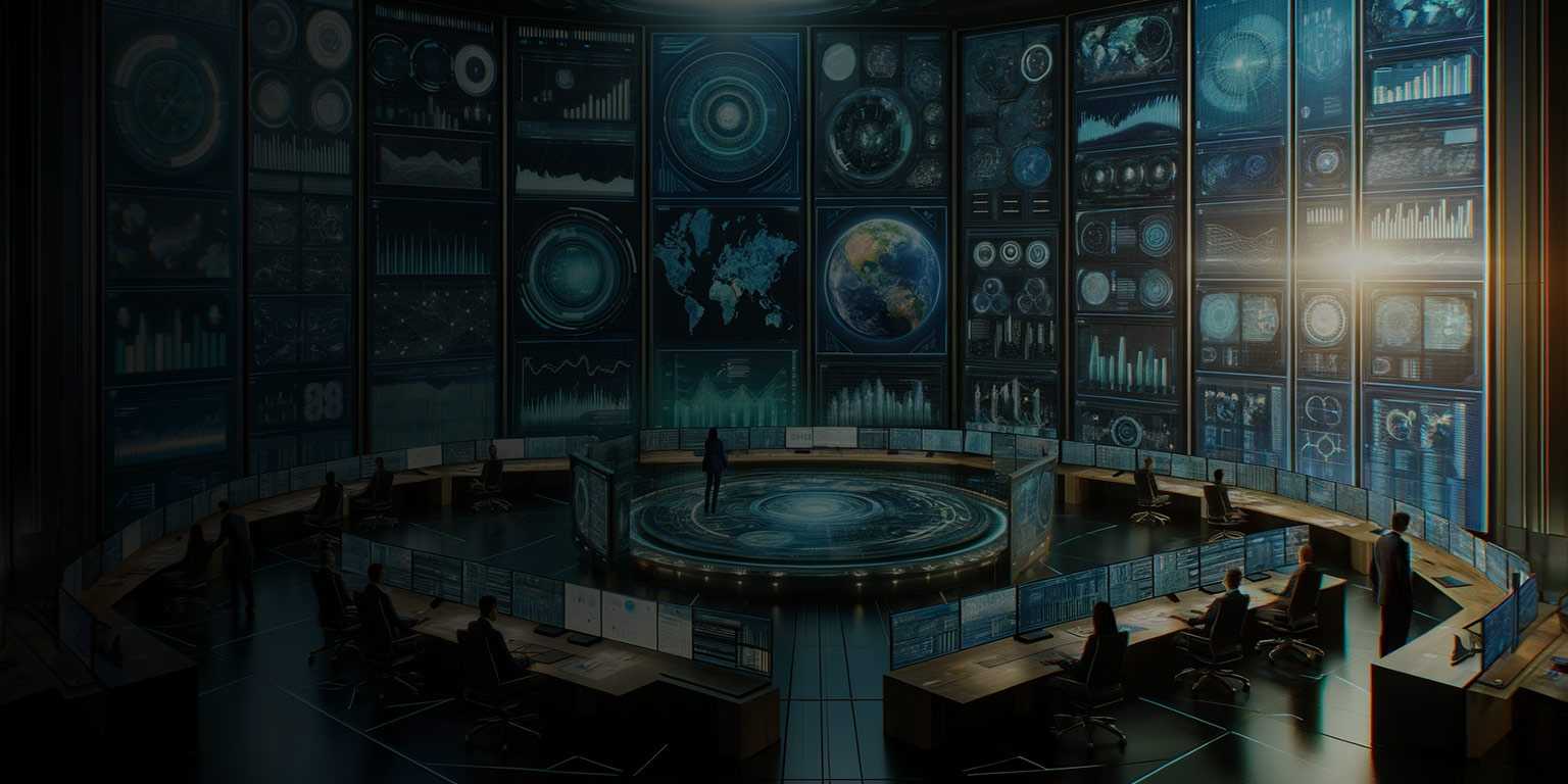 représentation numérique de ce qu'est l'intelligence d'affaires en webdiffusion. Beaucoup d'écran d'ordinateurs sur le mur, des laptops et une équipe.