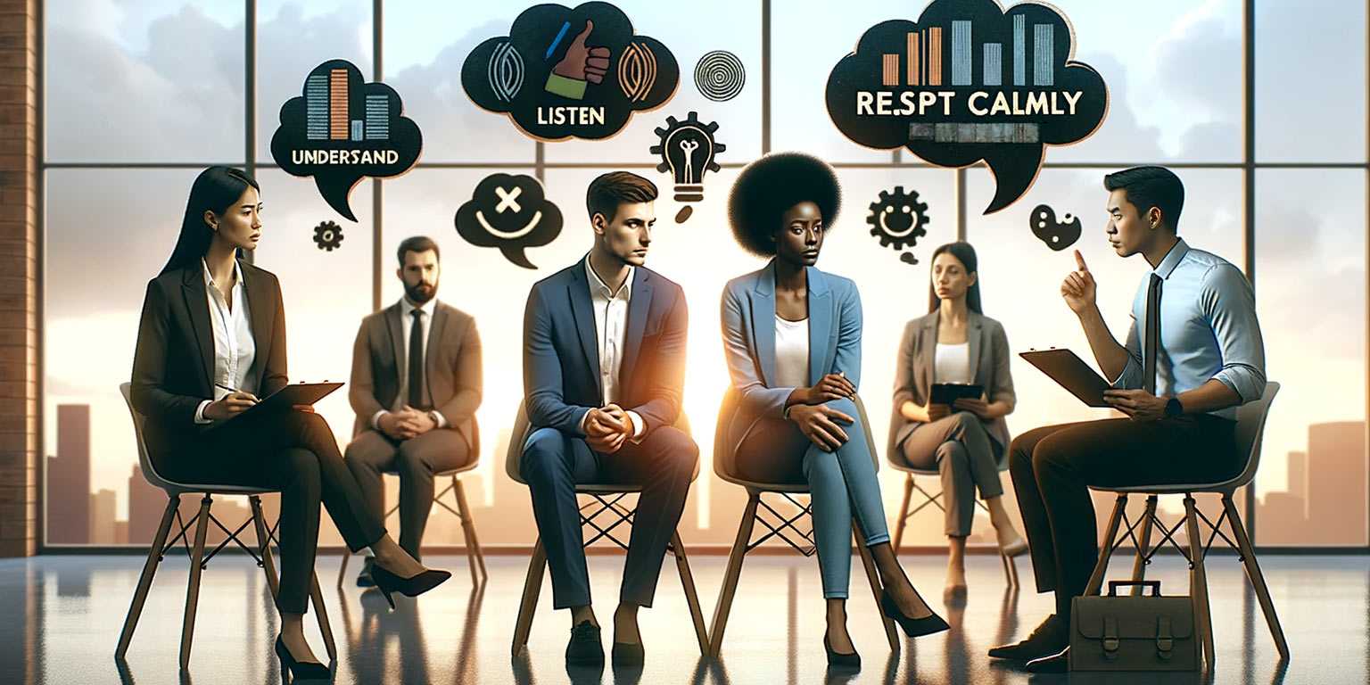 Groupe de personnes et personnes cibles qui écoutent et étudient les feedback négatif lors d'un webinaire