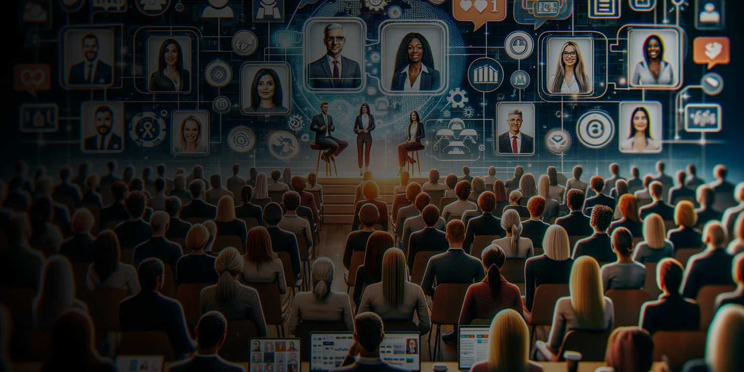 représentation d'une salle avec des intervenants pour un webinaire. 
