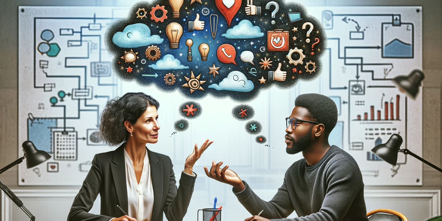 représentation digitale de deux personne qui observent les feedbacks et sondages de webinaire