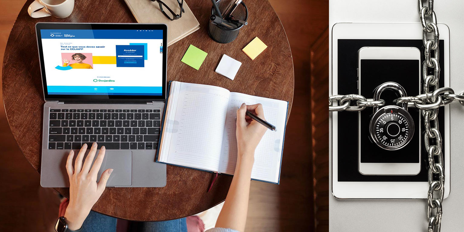 étudiant qui utilise sont laptop pour un webinaire tout en étant sécurisé